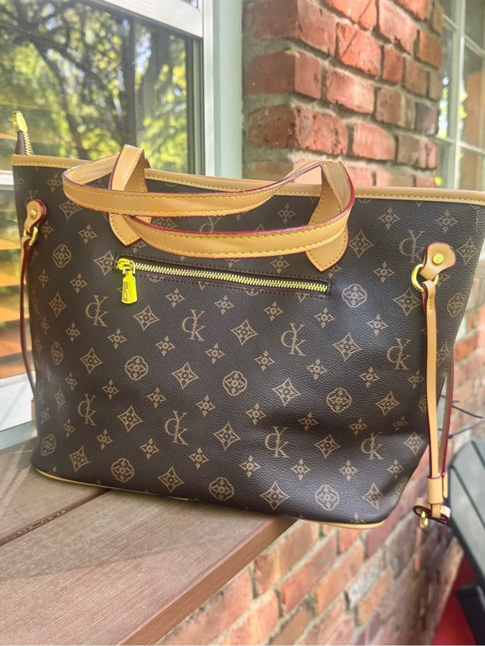 Guyika Brown Monogram Tote with Tan Trim - Picture 5 of 16